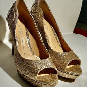 Gianni Bini Gold Bedazzled Glitter Platform Peep Toe Heels